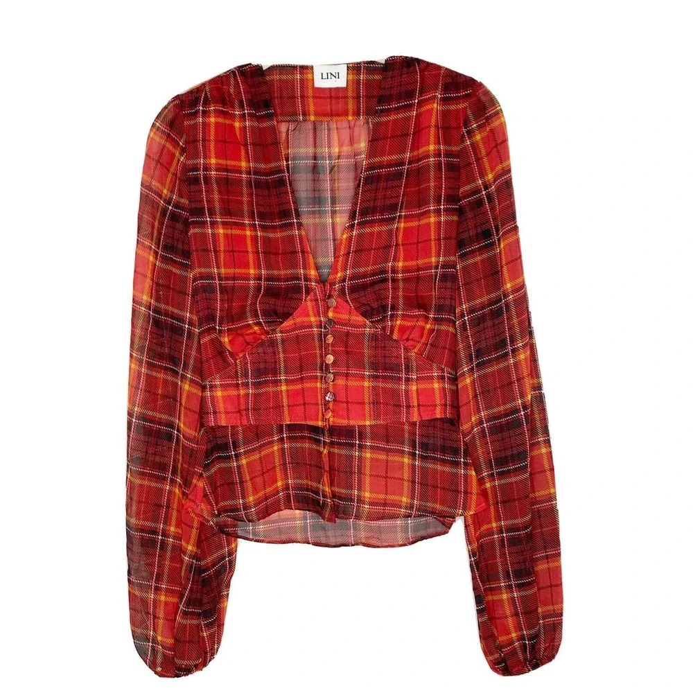 $192 LINI Women's Red Plaid V-Neck Sheer Long Balloon-Sleeve V-Neck Blouse XS - Picture 3 of 7